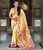 cream  faux banarasi silk blend saree with paithani rich weaved pallu and blouse