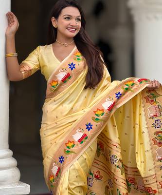 cream faux banarasi silk blend saree with paithani rich weaved pallu and blouse 2