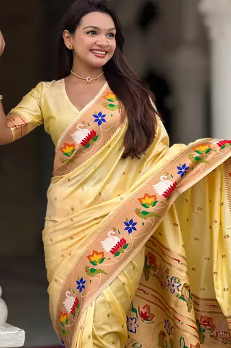 cream faux banarasi silk blend saree with paithani rich weaved pallu and blouse