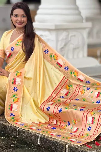 cream faux banarasi silk blend saree with paithani rich weaved pallu and blouse