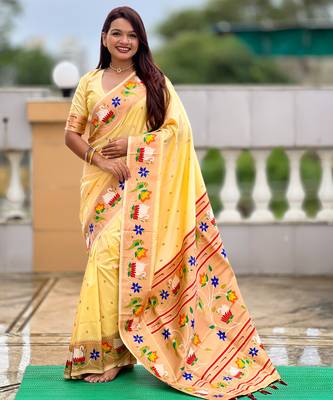 cream faux banarasi silk blend saree with paithani rich weaved pallu and blouse 4