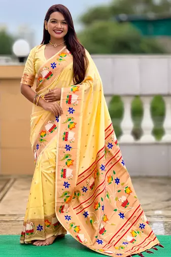cream faux banarasi silk blend saree with paithani rich weaved pallu and blouse