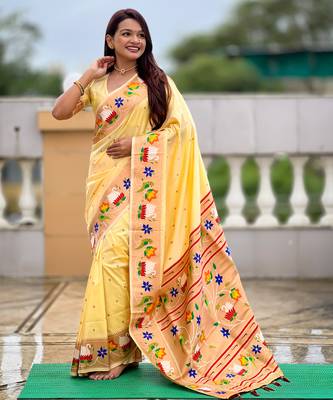 cream faux banarasi silk blend saree with paithani rich weaved pallu and blouse 5