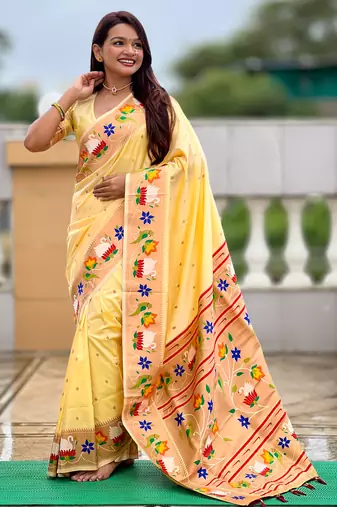 cream faux banarasi silk blend saree with paithani rich weaved pallu and blouse