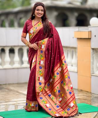 cofee faux banarasi silk blend saree with paithani rich weaved pallu and blouse 2