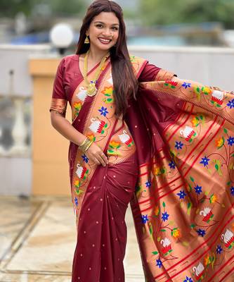 cofee faux banarasi silk blend saree with paithani rich weaved pallu and blouse 4