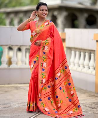 orange faux banarasi silk blend saree with paithani rich weaved pallu and blouse 1