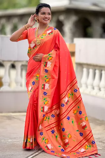 orange faux banarasi silk blend saree with paithani rich weaved pallu and blouse