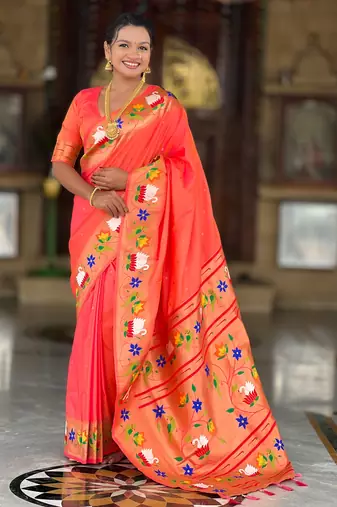 orange faux banarasi silk blend saree with paithani rich weaved pallu and blouse
