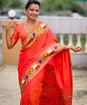 orange faux banarasi silk blend saree with paithani rich weaved pallu and blouse 3