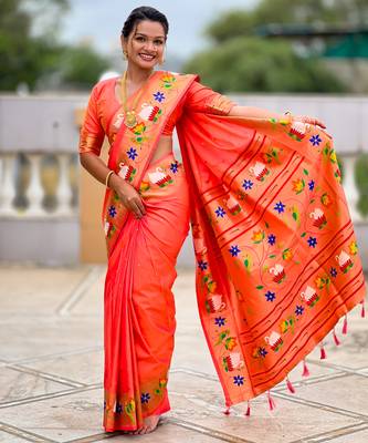 orange faux banarasi silk blend saree with paithani rich weaved pallu and blouse 4