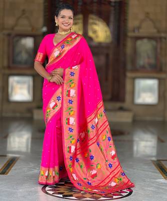 rani pink faux banarasi silk blend saree with paithani rich weaved pallu and blouse 1