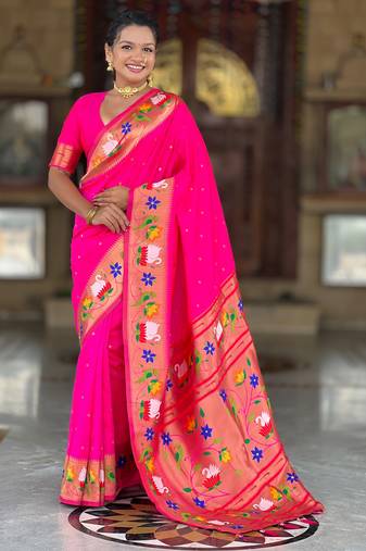 rani pink  faux banarasi silk blend saree with paithani rich weaved pallu and blouse