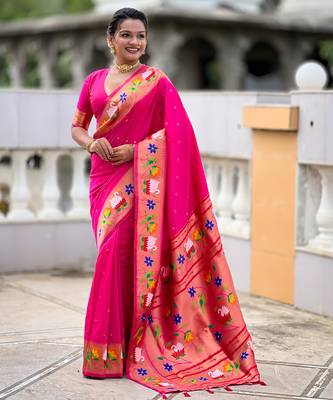 rani pink faux banarasi silk blend saree with paithani rich weaved pallu and blouse 2