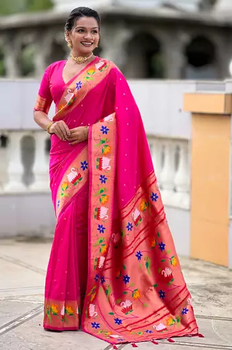 rani pink faux banarasi silk blend saree with paithani rich weaved pallu and blouse