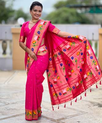 rani pink faux banarasi silk blend saree with paithani rich weaved pallu and blouse 4
