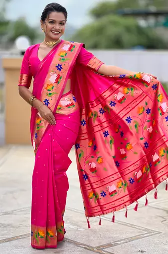 rani pink faux banarasi silk blend saree with paithani rich weaved pallu and blouse