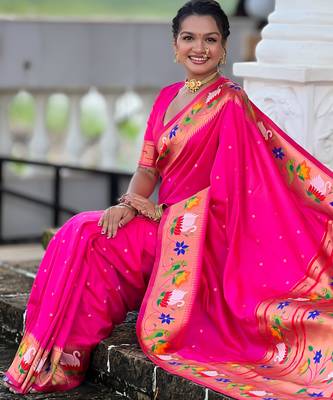 rani pink faux banarasi silk blend saree with paithani rich weaved pallu and blouse 5