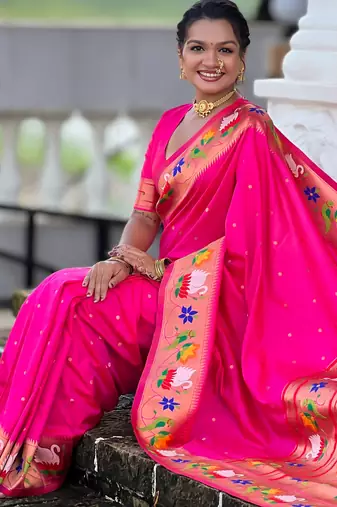 rani pink faux banarasi silk blend saree with paithani rich weaved pallu and blouse