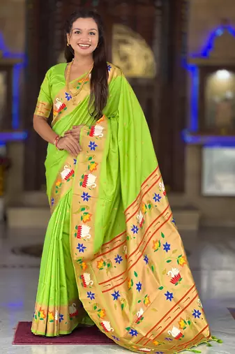 parrot green  faux banarasi silk blend saree with paithani rich weaved pallu and blouse