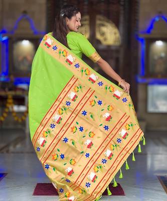 parrot green faux banarasi silk blend saree with paithani rich weaved pallu and blouse 2
