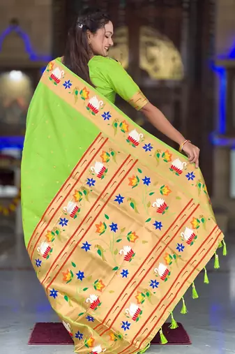 parrot green faux banarasi silk blend saree with paithani rich weaved pallu and blouse