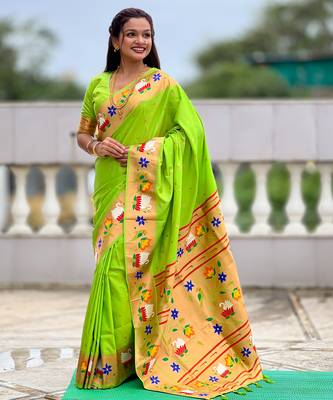 parrot green faux banarasi silk blend saree with paithani rich weaved pallu and blouse 3