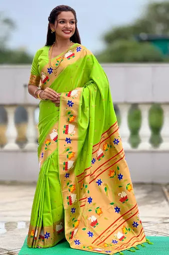 parrot green faux banarasi silk blend saree with paithani rich weaved pallu and blouse