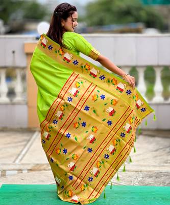 parrot green faux banarasi silk blend saree with paithani rich weaved pallu and blouse 4
