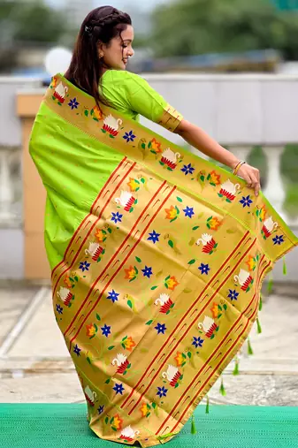 parrot green faux banarasi silk blend saree with paithani rich weaved pallu and blouse