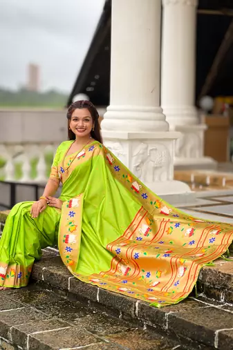 parrot green faux banarasi silk blend saree with paithani rich weaved pallu and blouse