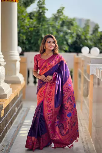 Violet silk blend saree with paithani weaved pallu and blouse