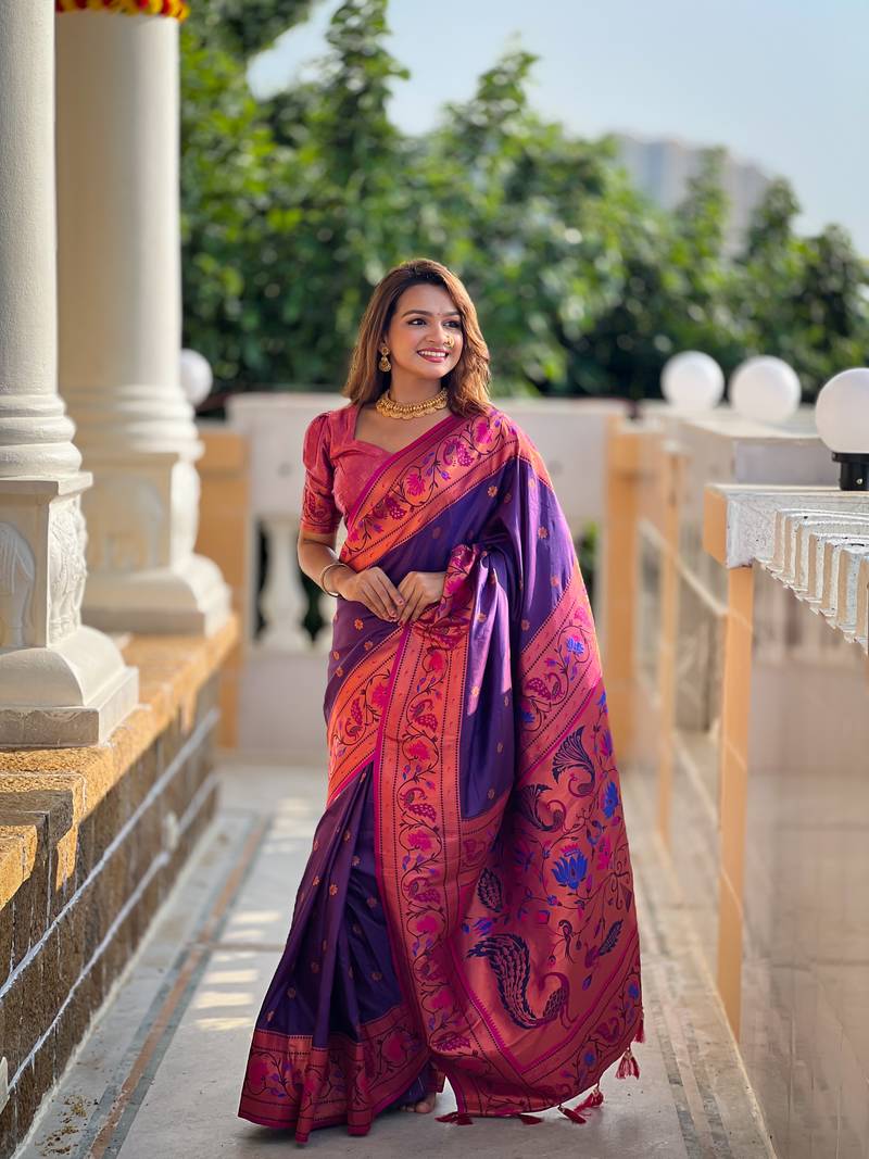 Violet silk blend saree with paithani weaved pallu and blouse