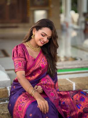 Violet silk blend saree with paithani weaved pallu and blouse 3