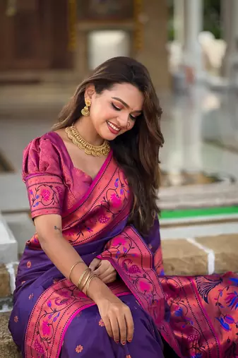 Violet silk blend saree with paithani weaved pallu and blouse