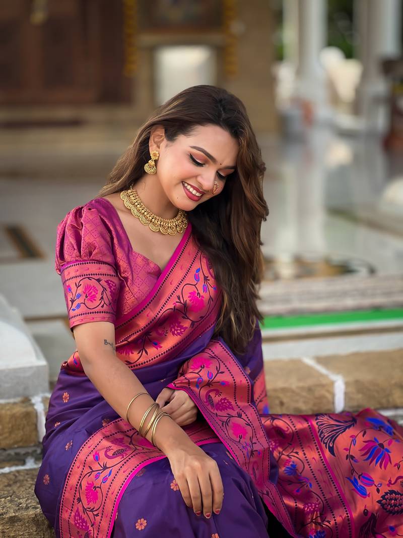 Violet silk blend saree with paithani weaved pallu and blouse