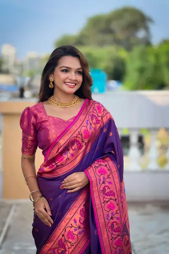 Violet silk blend saree with paithani weaved pallu and blouse