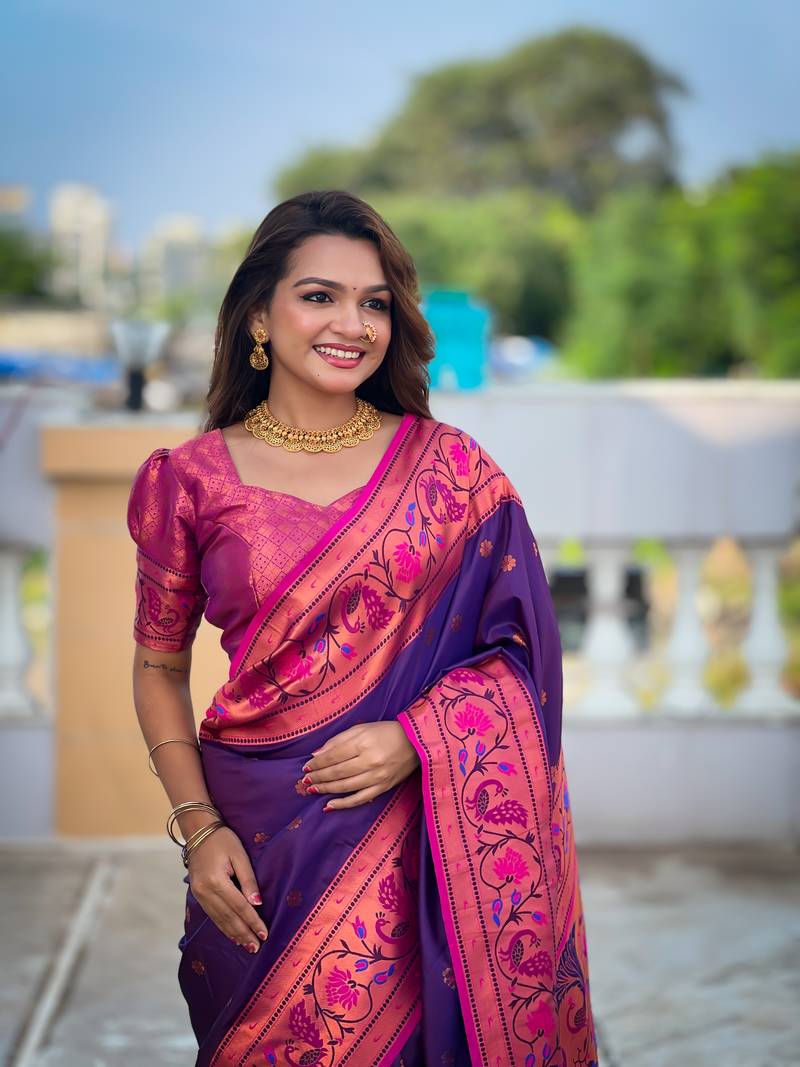 Violet silk blend saree with paithani weaved pallu and blouse