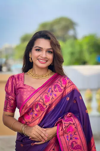 Violet silk blend saree with paithani weaved pallu and blouse
