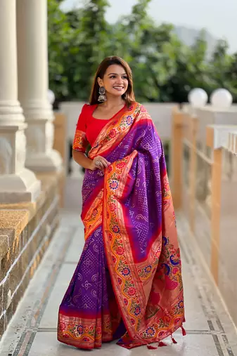Purple Silk Blend Saree With Paithani Weaved Pallu And Blouse