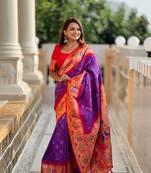Purple Silk Blend Saree With Paithani Weaved Pallu And Blouse