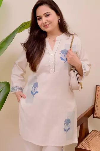 Floral embroidered blue round neck co-ord set