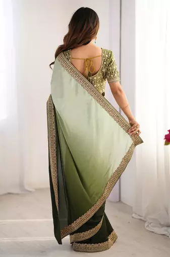 Women light green & dark green chinon silk saree
