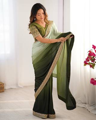 Women light green & dark green chinon silk blend saree 1
