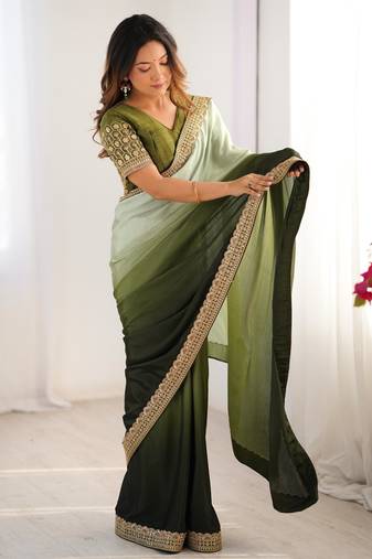 Women light green & dark green chinon silk saree