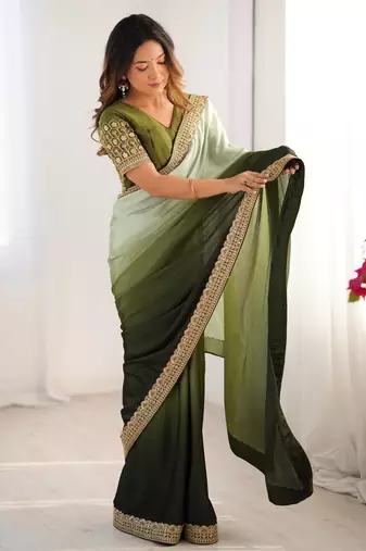 Women light green & dark green chinon silk saree