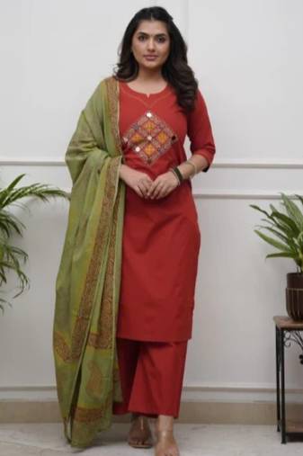 Floral embroidered orange round neck kurat set with trouser & dupatta