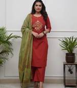 Floral embroidered orange round neck kurat set with trouser & dupatta