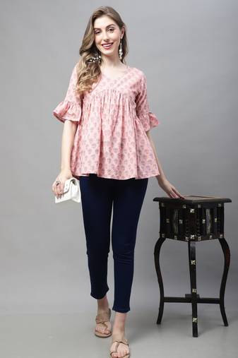 Peach women's pure cotton jaipuri printed short top