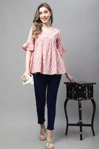 Peach women's pure cotton jaipuri printed short top